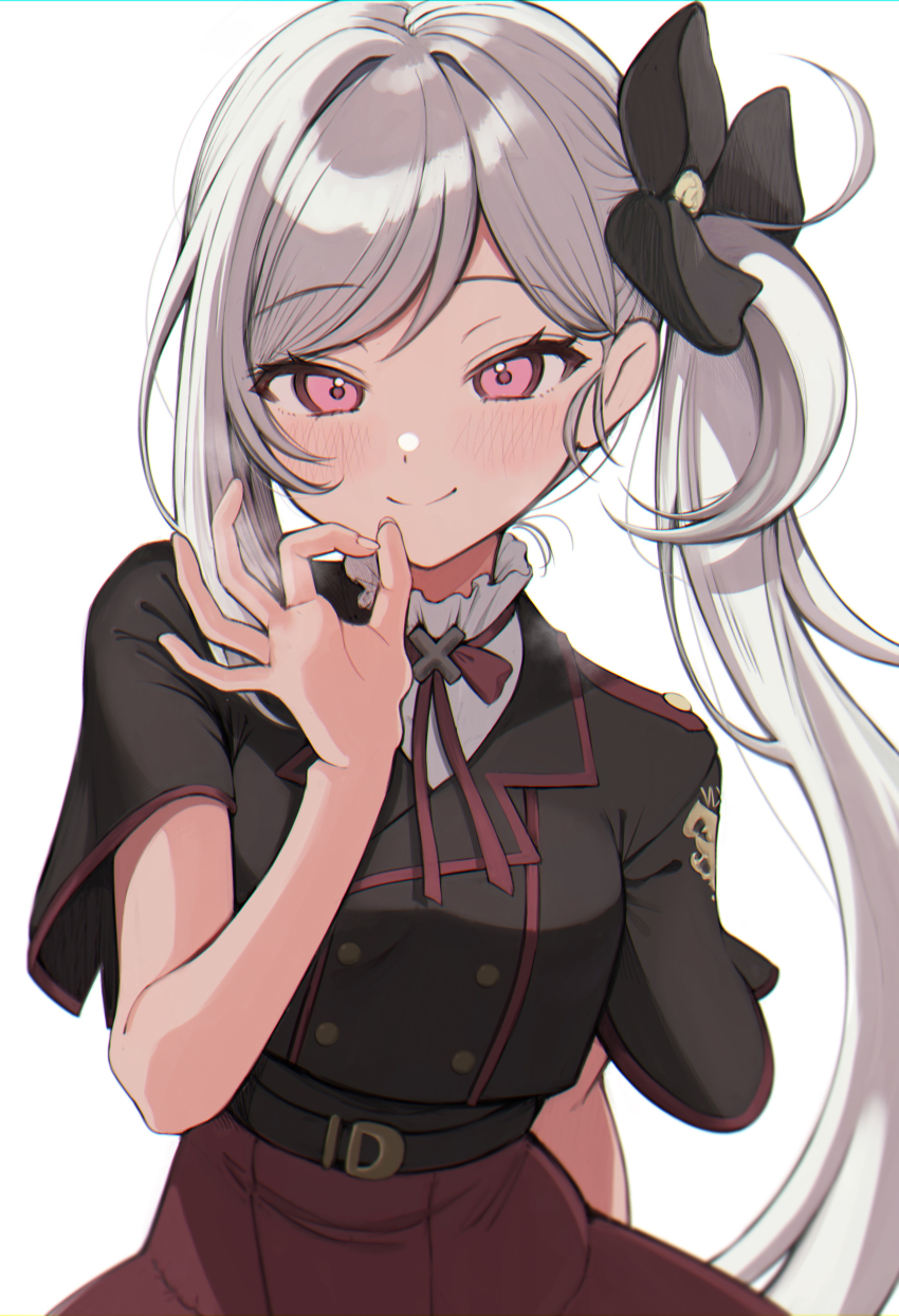 1girl, absurdres, asymmetrical_hair, black_jacket, blue_archive, blush, commentary, cowboy_shot