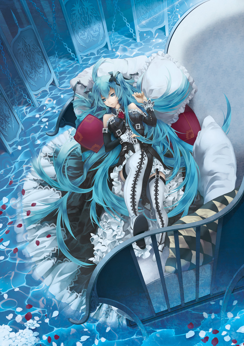 1girl, 909_(kagetsu99), aqua_eyes, aqua_hair, argyle, boots, bow, buckle, cantarella_(vocaloid), chain, chair, detached_sleeves, dress, female_focus, flower, garter_straps, hair_bow, hair_ribbon, hatsune_miku, lace-up_thighhighs, legs, long_hair, lying, madarame_(pixiv337789), on_back, petals, pillow, polliw, ribbon, rose, solo, thigh_boots, thighhighs, twintails, very_long_hair, vocaloid, water, zettai_ryouiki