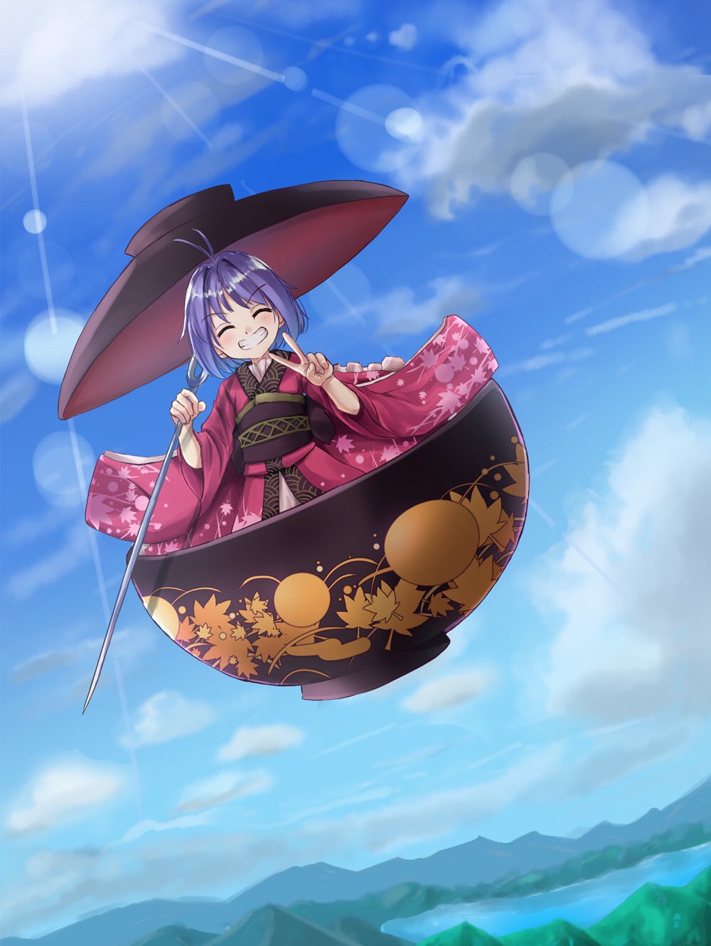 1girl, ^_^, ahoge, black_sash, bowl, bowl_hat, closed_eyes, cloud
