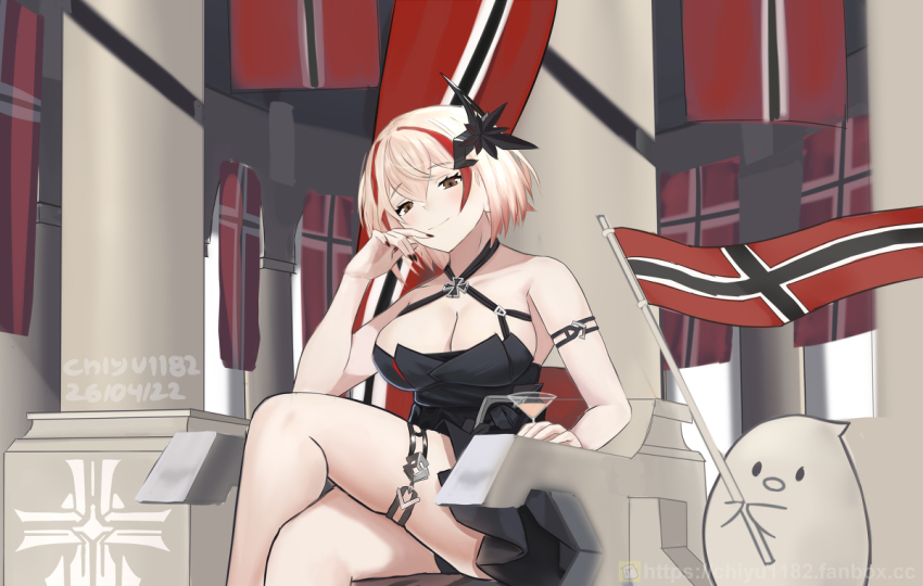 1girl, artist_name, azur_lane, baby_animal, bare_legs, bare_shoulders, bird, black_dress, black_nails, blonde_hair, breasts, brown_eyes, chick, chiyu1182, cleavage, cocktail_glass, column, commentary, cross, crossed_legs, cup, dated, dress, drinking_glass, flag, hair_between_eyes, hair_ornament, imperial_war_flag, indoors, iron_blood_(emblem), iron_cross, large_breasts, looking_at_viewer, manjuu_(azur_lane), multicolored_hair, nail_polish, on_throne, pillar, red_hair, roon_(azur_lane), roon_(dark_red_grin)_(azur_lane), short_hair, sitting, sleeveless, sleeveless_dress, smile, streaked_hair, throne, waving_flag, window