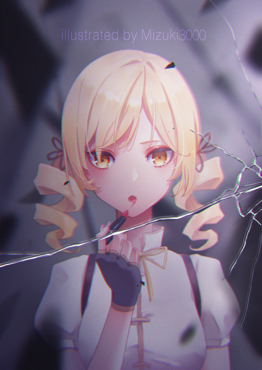 1girl, absurdres, artist_name, blonde_hair, broken_glass, crack, cracked_glass, drill_hair
