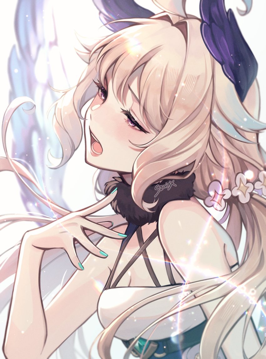 1girl, ahoge, aqua_nails, bird_girl, bird_wings, blonde_hair, blue_hair, blush