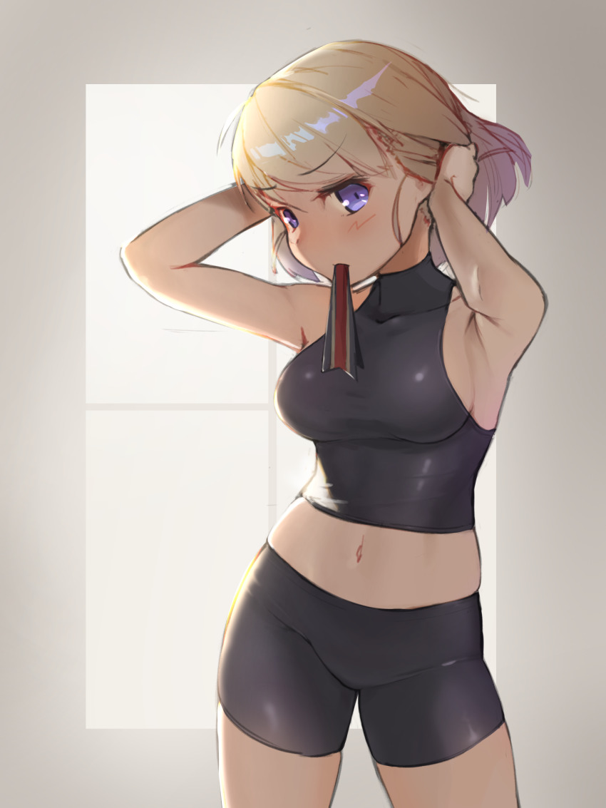 1girl, adjusting_hair, armpits, azur_lane, bike_shorts, black_shirt, black_shorts, blonde_hair