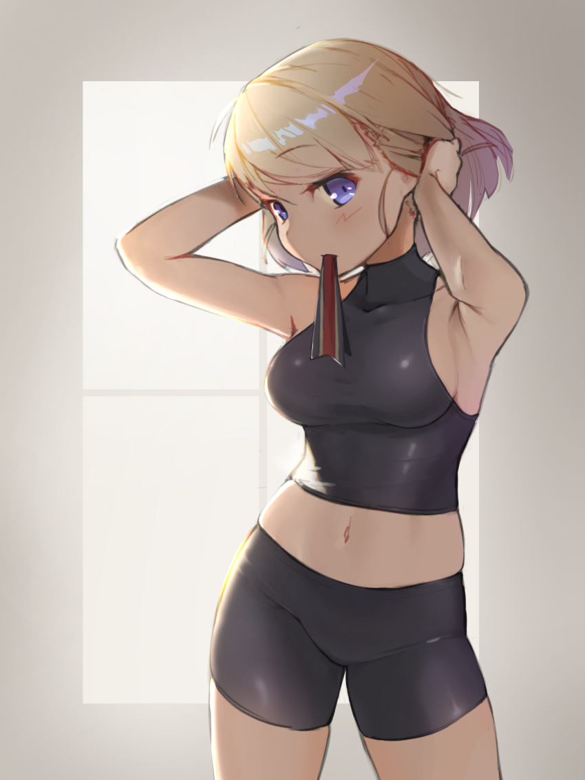 1girl, adjusting_hair, armpits, azur_lane, bike_shorts, black_shirt, black_shorts, blonde_hair
