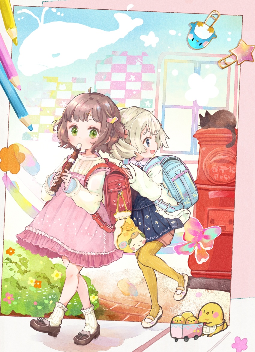 2girls, :d, absurdres, ankle_socks, baby_animal, backpack, bag, bag_charm