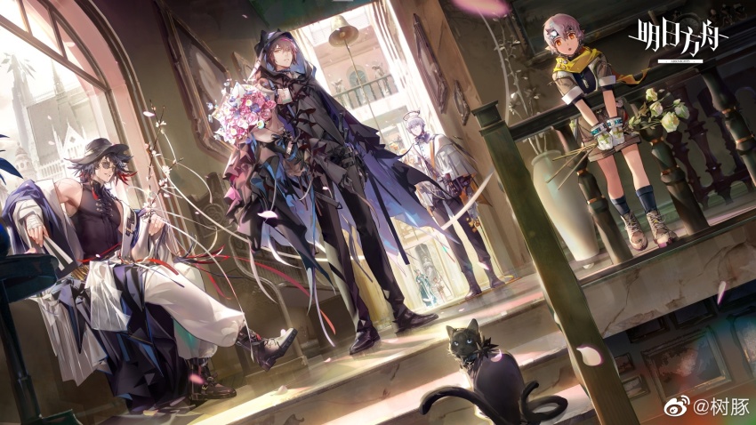 arknights, black_hair, brown_hair, cat, chestnut_(arknights), elysium_(arknights), executor_(arknights), flower