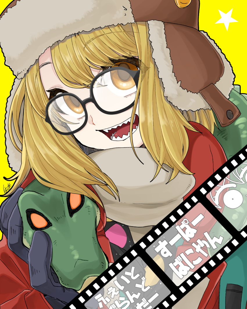 1girl, alligator, black_gloves, black_shirt, blonde_hair, blush, breasts, brown_hat