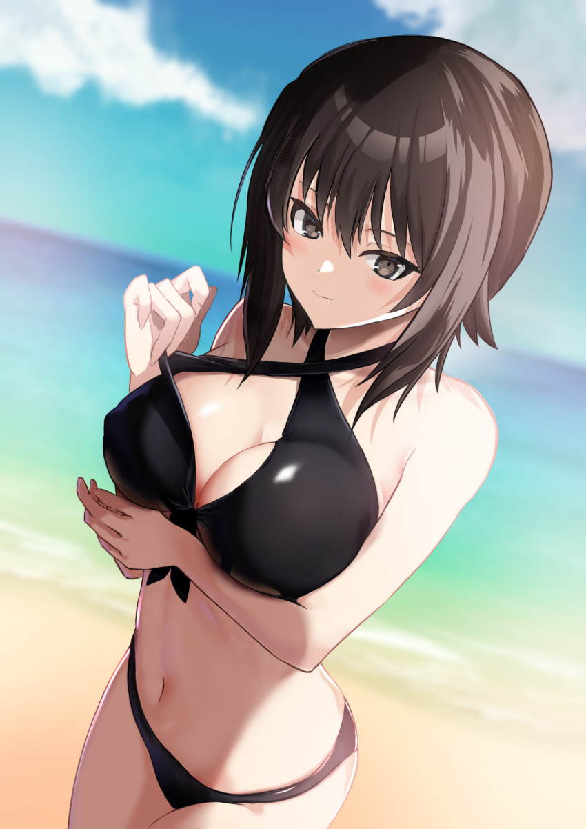 1girl, absurdres, alternate_costume, bare_shoulders, beach, bikini, black_bikini, blush