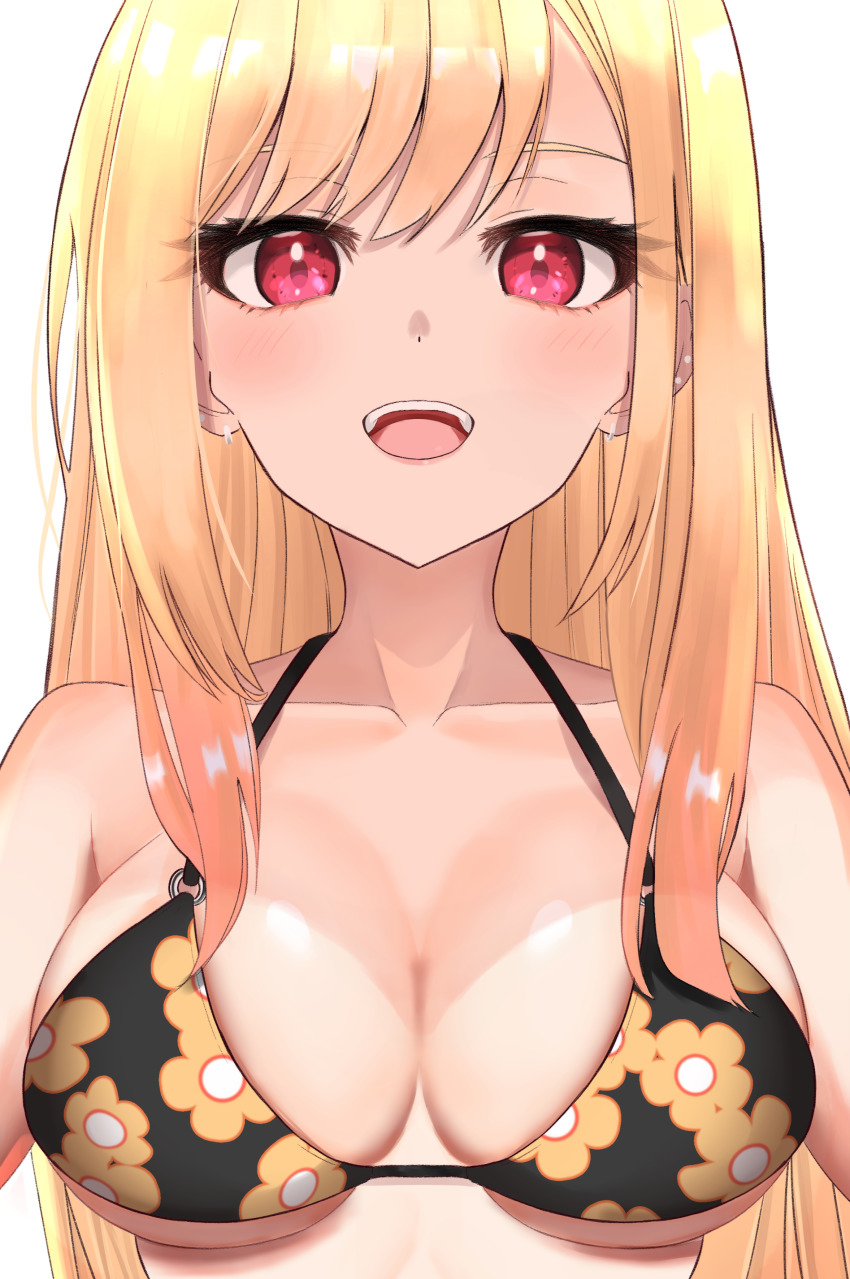 1girl, :d, absurdres, bikini, black_bikini, blonde_hair, blush, breasts, gradient_hair, highres, kitagawa_marin, lazurite_(user_8870367), long_hair, looking_at_viewer, medium_breasts, multicolored_hair, open_mouth, piercing, print_bikini, red_eyes, red_hair, side-tie_bikini_bottom, simple_background, smile, solo, sono_bisque_doll_wa_koi_wo_suru, string_bikini, swept_bangs, swimsuit, white_background