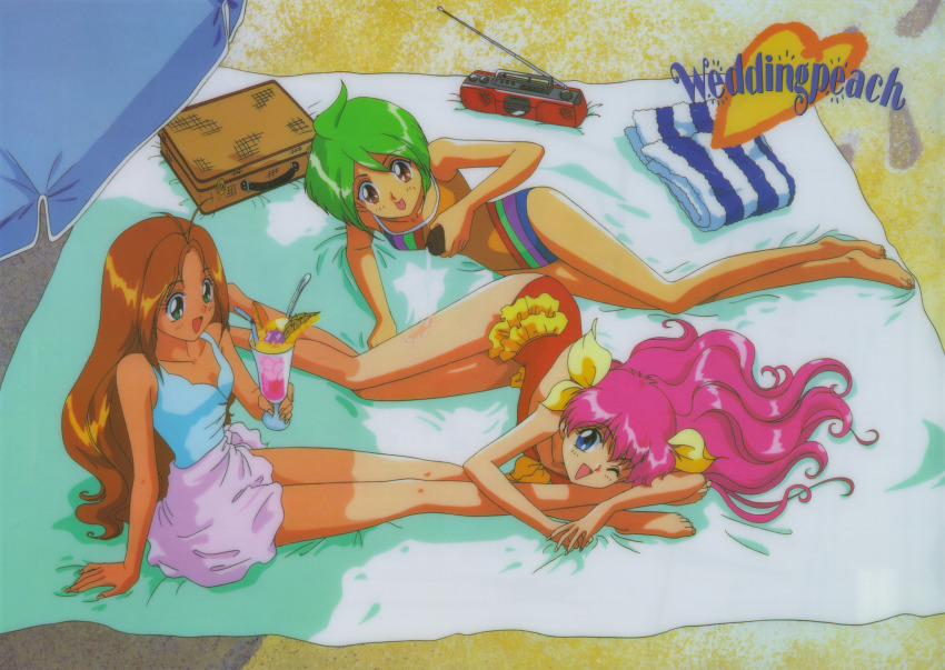 1990s_(style), 3girls, ai_tenshi_densetsu_wedding_peach, antenna_hair, applying_sunscreen, barefoot, beach, beach_umbrella