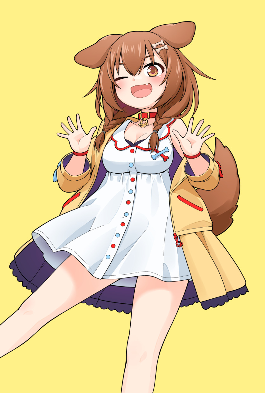 1girl, :d, absurdres, bone_hair_ornament, breasts, brown_eyes, brown_hair, choker