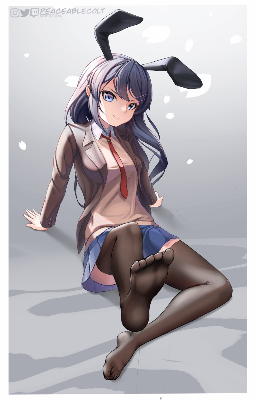 1girl, animal_ears, arm_support, black_hair, blazer, blue_eyes, blue_skirt, border