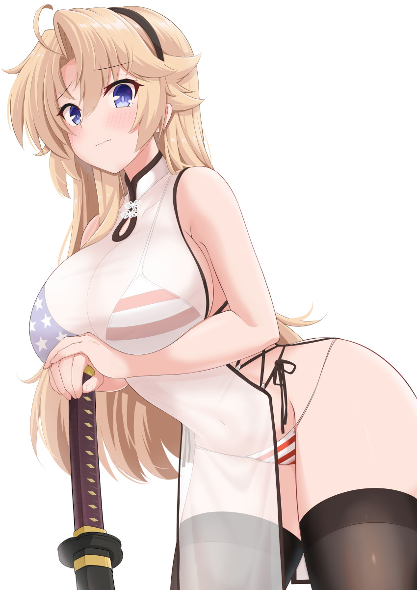 absurdres, american_flag, american_flag_bikini, american_flag_print, bikini, black_thighhighs, dress, flag_print