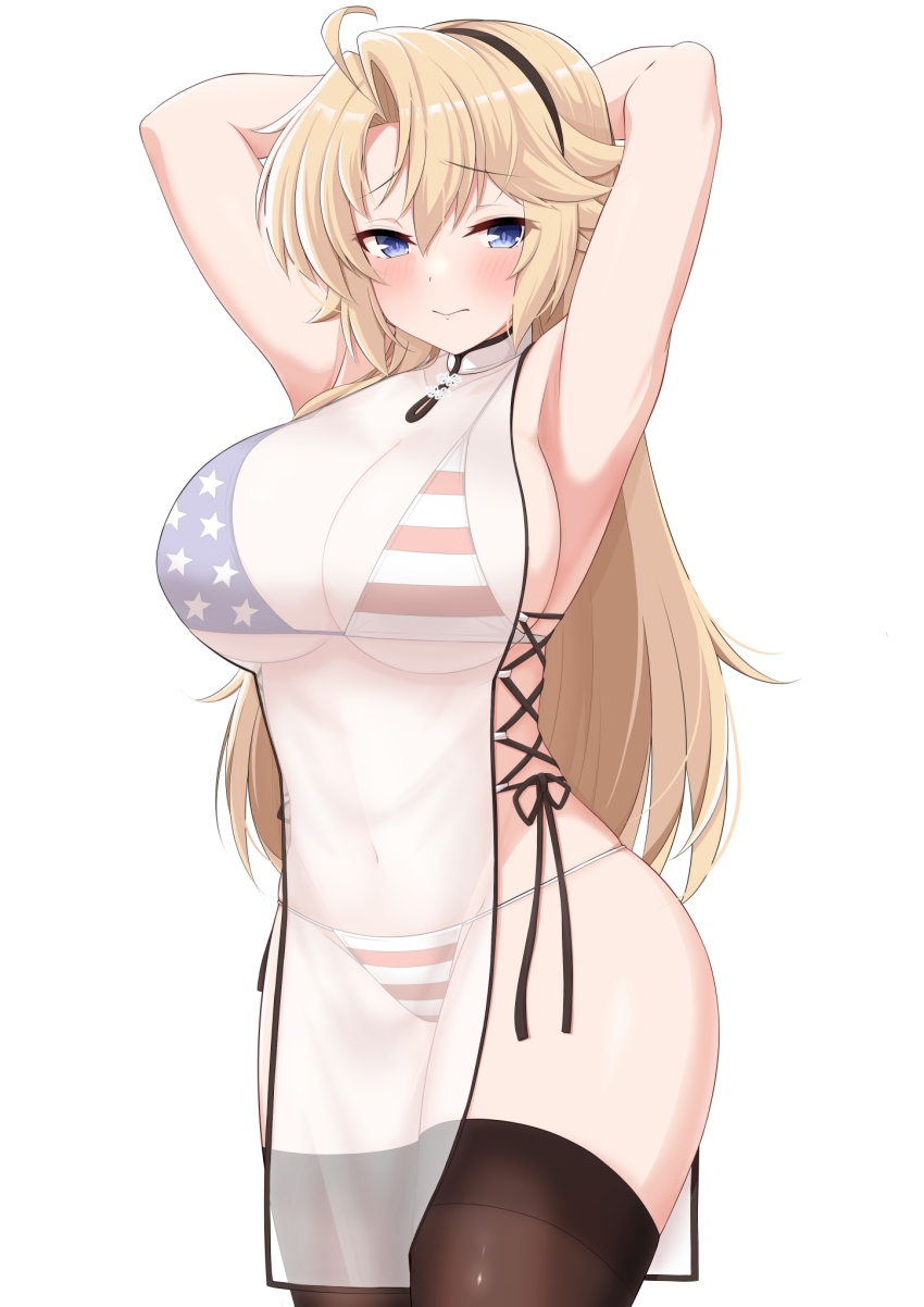 american_flag, american_flag_bikini, american_flag_print, armpits, bikini, black_thighhighs, breasts, dress