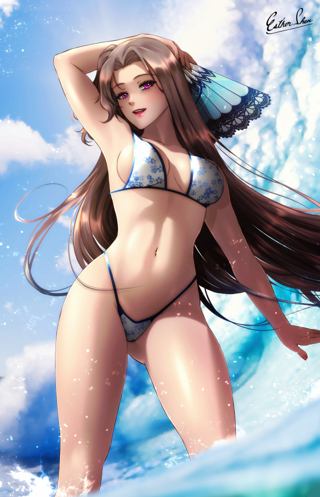1girl, bikini, blue_sky, breasts, brown_hair, cloud, commentary, eiyuu_densetsu, english_commentary, esther_shen, folding_fan, hair_intakes, hand_fan, highleg, highleg_bikini, long_hair, medium_breasts, mole, mole_under_eye, purple_eyes, sen_no_kiseki_(series), sen_no_kiseki_i, sky, solo, standing, swimsuit, vita_clotilde, white_bikini