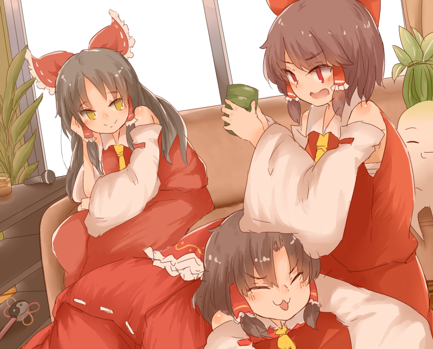 3girls, :3, benikurage_(cookie), black_hair, blush, bow, brown_hair, closed_eyes