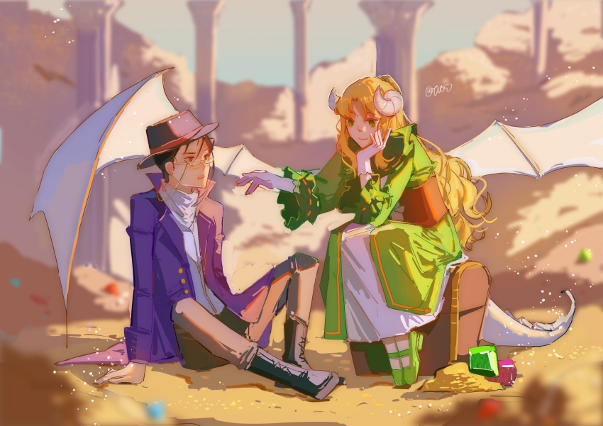 1boy, 1girl, absurdres, audrey_hall, black_hair, blonde_hair, blurry, blurry_background, boots, brown_eyes, brown_pants, chinese_commentary, coin, commentary_request, corset, day, dragon_girl, dragon_horns, dragon_tail, dragon_wings, dress, fyy2333, gehrman_sparrow, gem, glasses, gloves, gold, green_dress, green_eyes, green_footwear, hand_on_own_chin, hat, highres, horns, jacket, klein_moretti, looking_at_another, lord_of_the_mysteries, on_floor, open_mouth, pants, pillar, purple_jacket, shirt, signature, sky, smile, tail, treasure_chest, white_gloves, wings