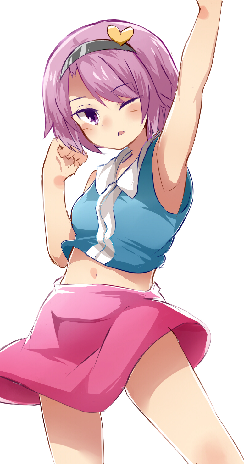 1girl, arm_up, armpits, black_hairband, blush, body_writing, clenched_hand, commentary_request