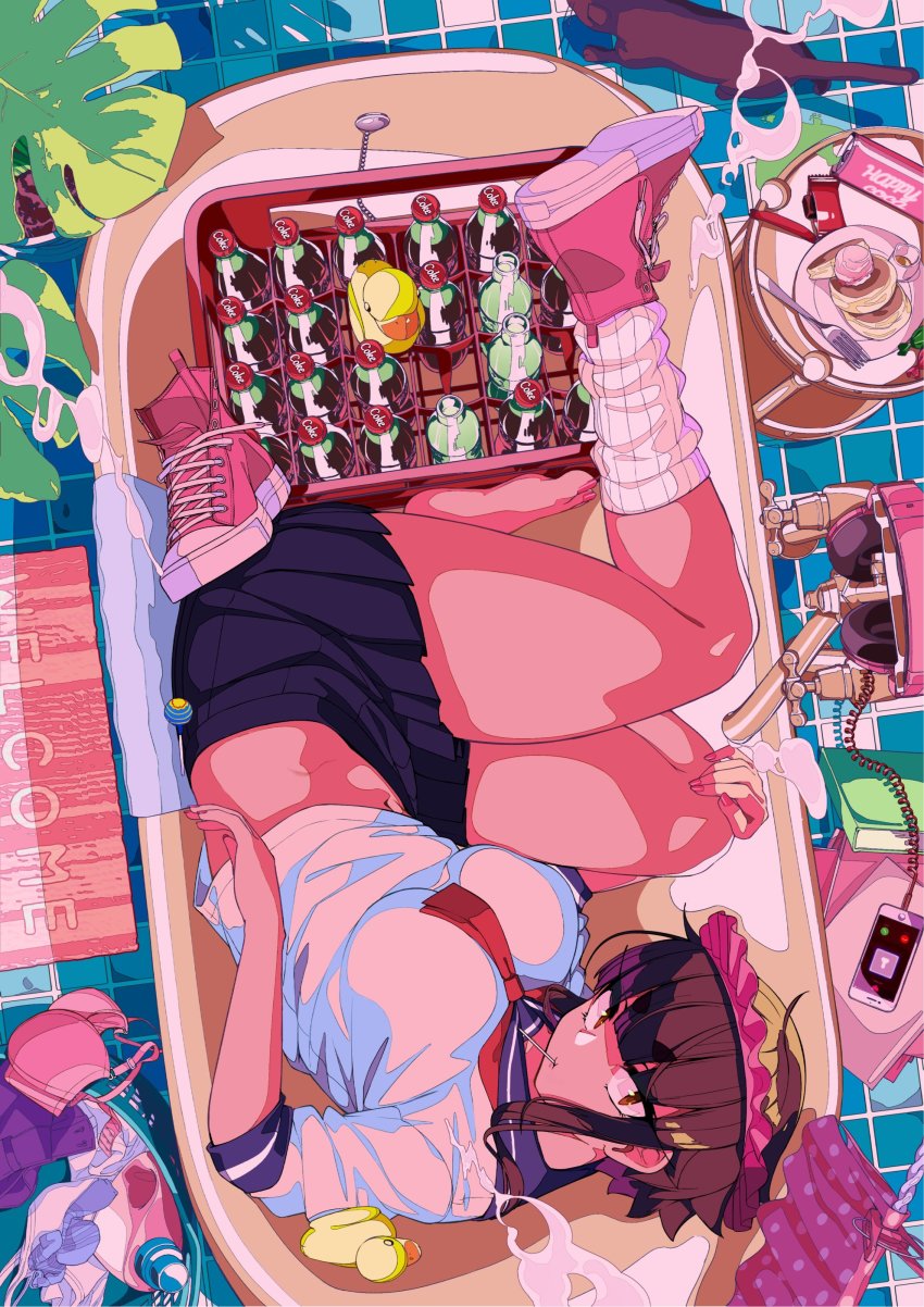 1girl, absurdres, barefoot, bathtub, black_cat, blue_skirt, blunt_bangs, book, book_stack, bottle, bra, breasts, brown_eyes, brown_hair, cake, can, candy, cat, cellphone, chupa_chups, clothes_pin, colored_skin, detergent, doormat, drink_can, empty_bathtub, flat_color, food, from_above, from_behind, full_body, headphones, headphones_removed, highres, jovejun, large_breasts, laundry, laundry_basket, lollipop, looking_at_viewer, loose_socks, lying, midriff, miniskirt, mouth_hold, nail_polish, navel, neckerchief, on_side, original, pancake, phone, pink_bra, pink_nails, pink_shoes, pink_skin, plant, pleated_skirt, red_eyes, rubber_duck, school_uniform, serafuku, shampoo_hat, shirt, shoes, short_hair, sidelocks, single_shoe, single_sock, skirt, smartphone, sneakers, socks, soda_bottle, soda_can, solo, souffle_pancake, thighs, tile_floor, tiles, toenail_polish, toenails, tsubomioka_happa, underwear, unworn_shoes, white_shirt, wrapped_candy