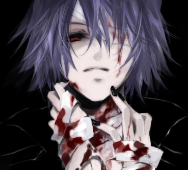 00s, 1boy, bandages, blood, dark, from_below, lowres, male_focus, nail_polish, pandora_hearts, portrait, purple_hair, puu_(aiko), red_eyes, short_hair, solo, xerxes_break