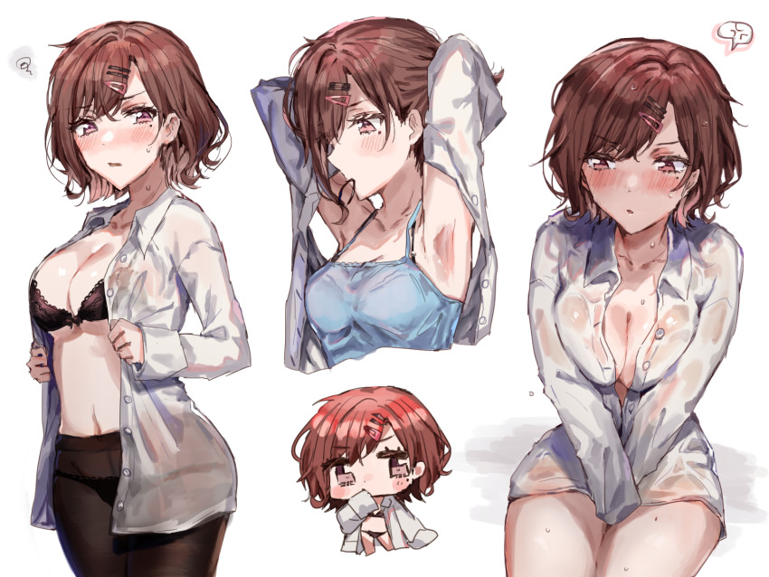 1girl, anger_vein, armpits, averting_eyes, black_bra, black_panties, black_pantyhose, blue_camisole