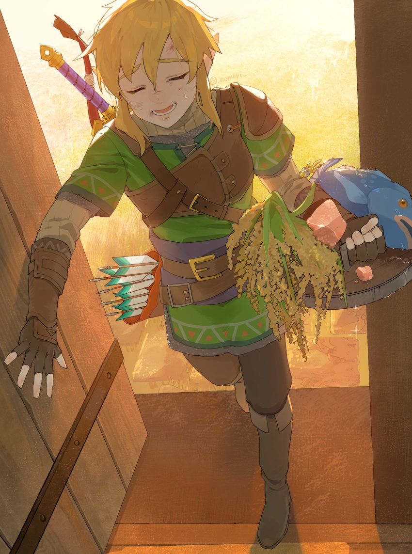 1boy, animal, armor, arrow_(projectile), blonde_hair, boots, brown_boots, brown_gloves