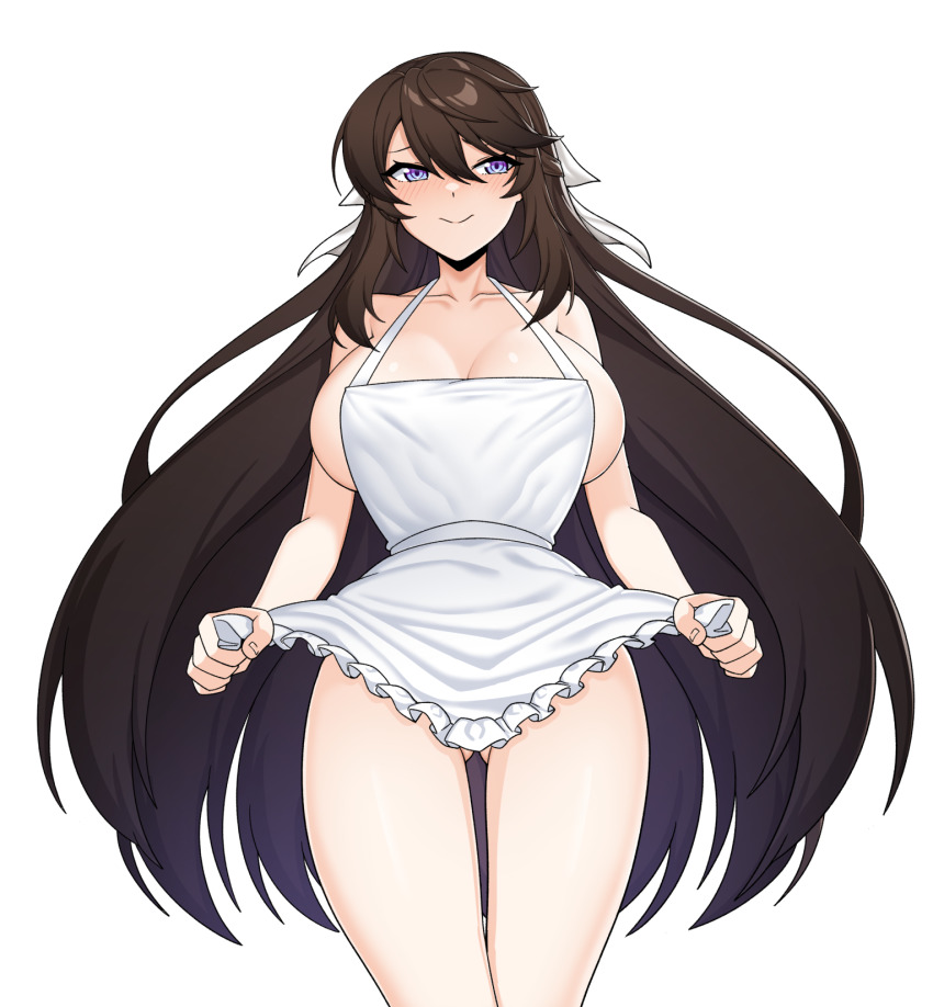 1girl, apron, apron_pull, bare_arms, bare_legs, bare_shoulders, blacha_(dkskek157), blue_eyes