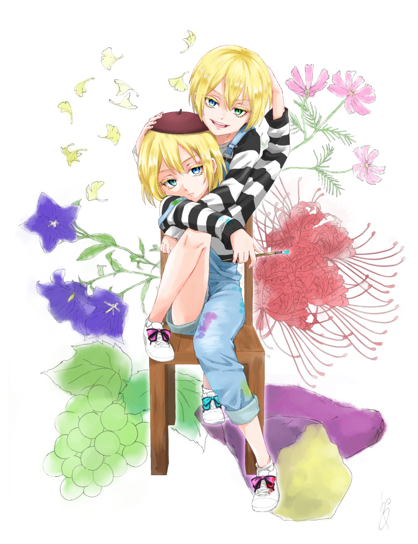 2boys, absurdres, androgynous, blonde_hair, blue_eyes, brothers, chair, facing_viewer, floral_background, flower, green_eyes, hat, heterochromia, highres, idol_show_time, kai_(aishota), looking_at_viewer, multiple_boys, siblings, trap, twins, ultrajony, white_background, yu_(aishota)