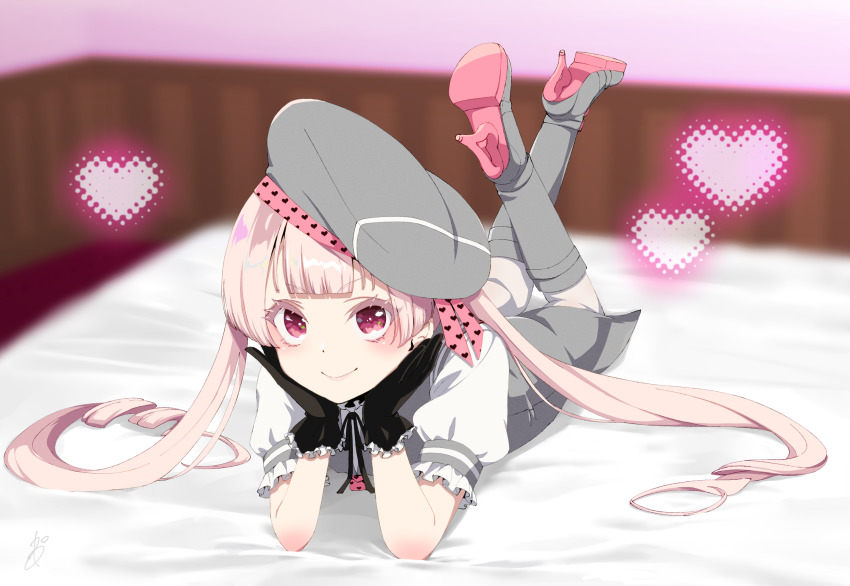 1boy, amatsuka_reo, boots, crossdressing, crossdressing_(mtf), hat, head_rest, heart, highres, idol_show_time, long_hair, looking_at_viewer, lying, on_stomach, pink_eyes, pink_hair, smile, solo, trap, twintails, ultrajony