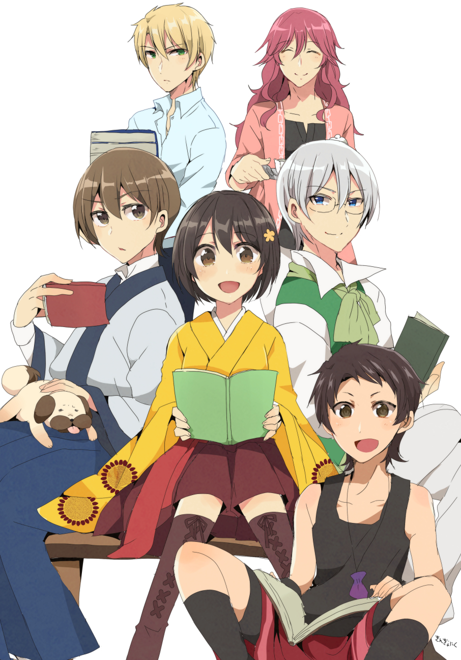 1girl, 5boys, ^_^, black_tank_top, blue_eyes, blue_shirt, book, brown_hair