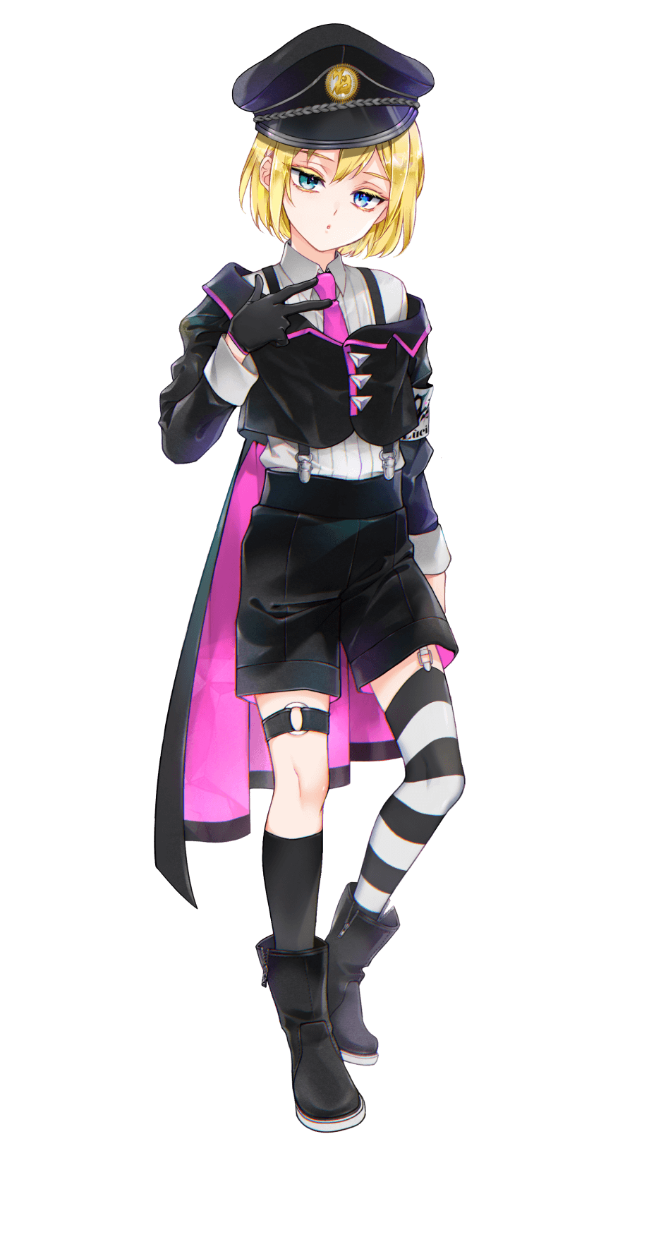 1boy, asymmetrical_legwear, blonde_hair, blue_eyes, boots, full_body, gloves, hat