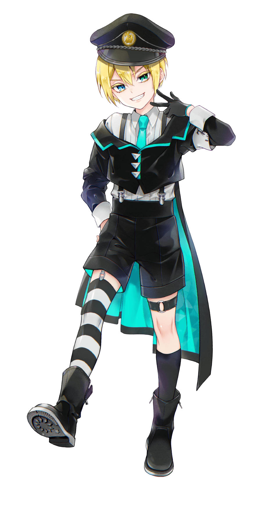 1boy, asymmetrical_legwear, blonde_hair, blue_eyes, full_body, gloves, green_eyes, hat