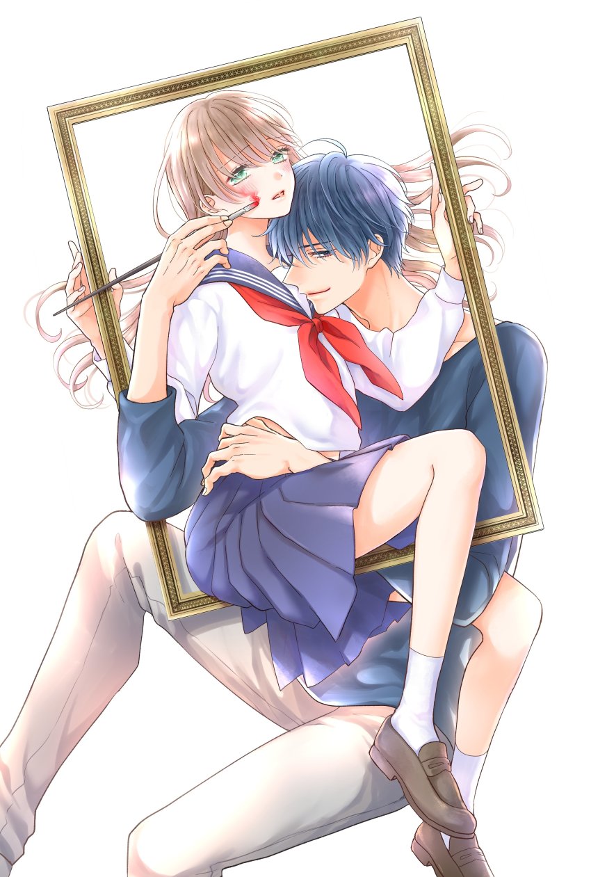 1boy, 1girl, absurdres, blue_eyes, blue_hair, blue_shirt, blue_skirt, brown_footwear, brown_hair, cover, textless_cover_page, cover_page, green_eyes, grey_pants, hair_behind_ear, highres, holding, holding_paintbrush, hug, iro_wa_somaredo, long_hair, looking_at_viewer, manga_cover, neckerchief, official_art, paintbrush, pants, picture_frame, red_neckerchief, school_uniform, serafuku, shimada_chie, shirt, skirt, smile, worried