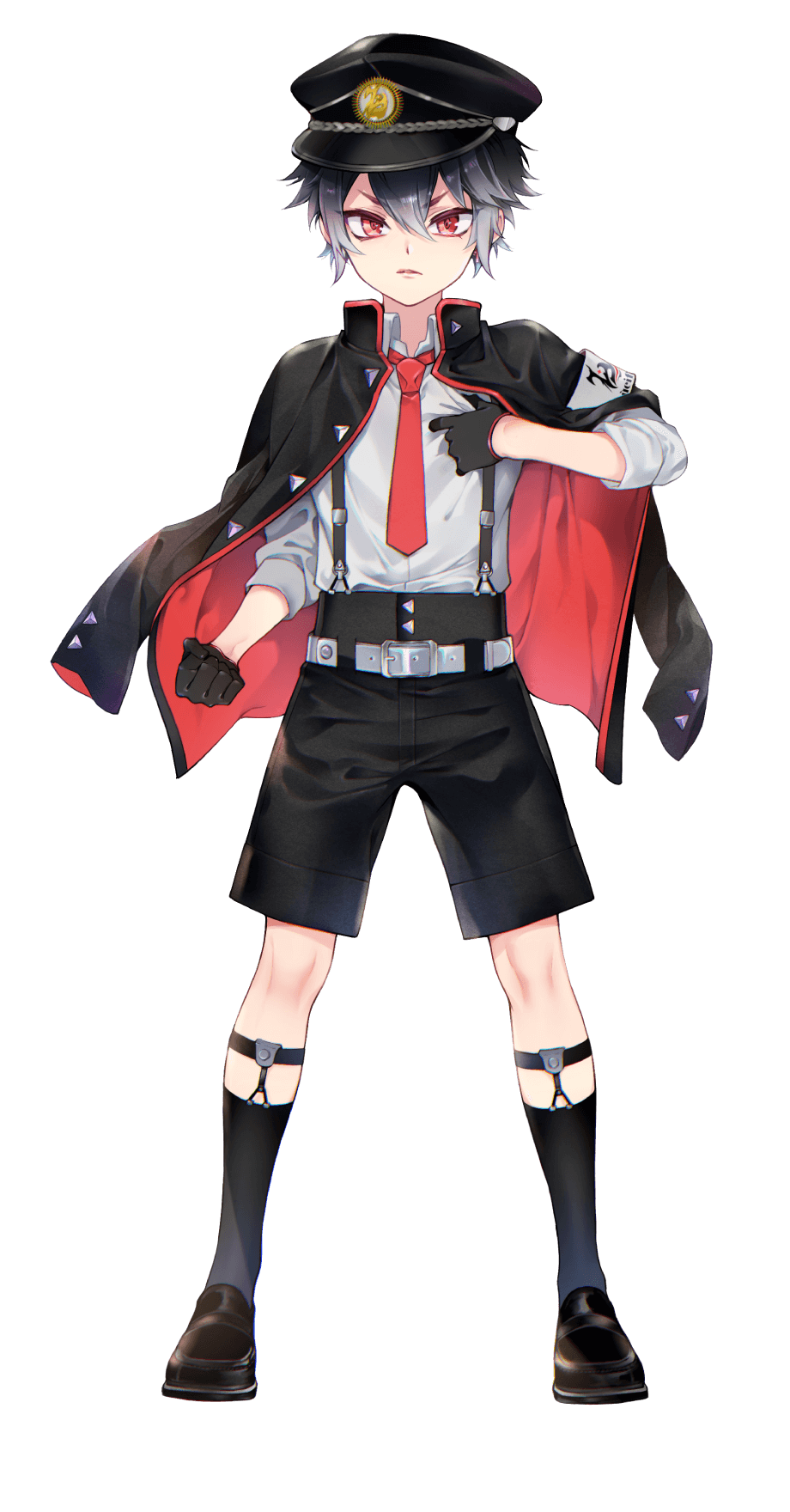 1boy, black_hair, collared_shirt, garter_straps, gloves, hat, highres, idol_show_time