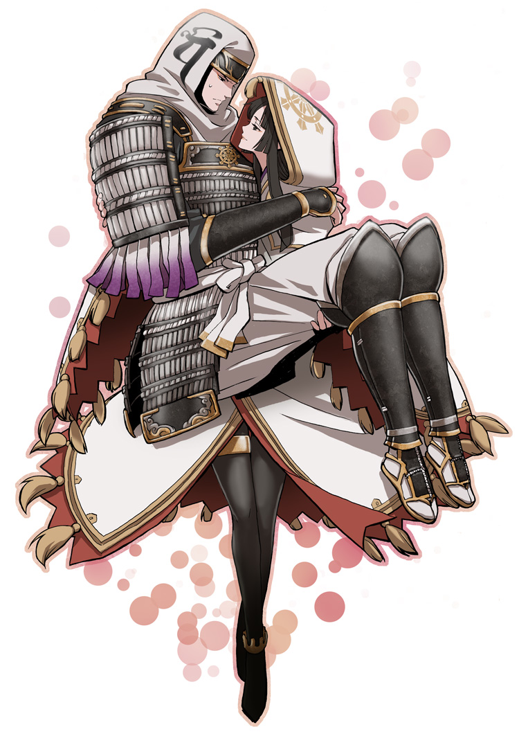 1boy, 1girl, anklet, armor, aya_(sengoku_musou), black_eyes, black_hair, brother_and_sister