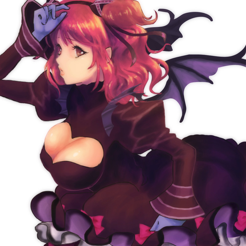1girl, bad_id, bad_pixiv_id, bat_wings, black_dress, breasts, brown_eyes, cheria_barnes, cheria_barnes_(little_imp), cleavage, cleavage_cutout, clothing_cutout, dress, female_focus, gloves, gothic_lolita, heart, heart_cutout, ja_n_gari_koon, jako_(toyprn), large_breasts, lips, lolita_fashion, namco, official_alternate_costume, pink_hair, red_eyes, simple_background, solo, tales_of_(series), tales_of_graces, wings