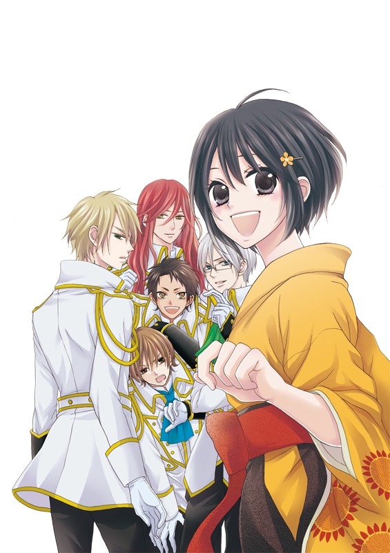 1girl, 5boys, black_eyes, black_hair, blonde_hair, brown_eyes, brown_hair, brown_skirt