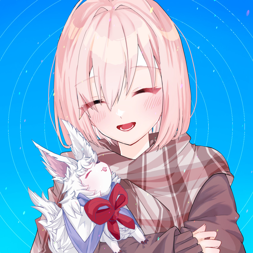 1girl, blue_background, blush, breasts, brown_sweater, creature, fate/grand_order, fate_(series)