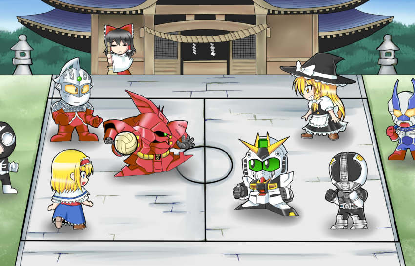 3girls, alice_margatroid, ball, battle_dodgeball, blonde_hair, braid, char's_counterattack, chibi, crossover, dodgeball, gundam, hakurei_reimu, kamen_rider, kamen_rider_(1st_series), kamen_rider_den-o, kamen_rider_den-o_(series), kirisame_marisa, multiple_crossover, multiple_girls, nu_gundam, sazabi, shocker, shrine, stone_lantern, touhou, ultra_galaxy_(series), ultra_galaxy_mega_dai-kaijuu_battle, ultra_series, ultraseven, ultraseven_(series), yoni_(rice42)