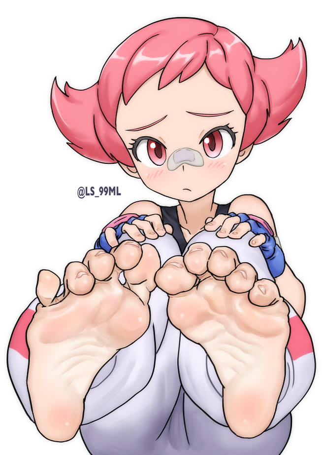 1girl, baggy_pants, bandaid, bandaid_on_face, bandaid_on_nose, barefoot, blush, feet, female_focus, fingerless_gloves, foot_focus, foreshortening, gloves, gym_leader, hands_on_knee, looking_at_viewer, maylene_(pokemon), nintendo, pants, pink_eyes, pink_hair, pokemon, pokemon_diamond/pearl/platinum, simple_background, soles, solo, spread_toes, toes, tomboy, tsukimaru_(ls_99ml), twitter_username, white_background