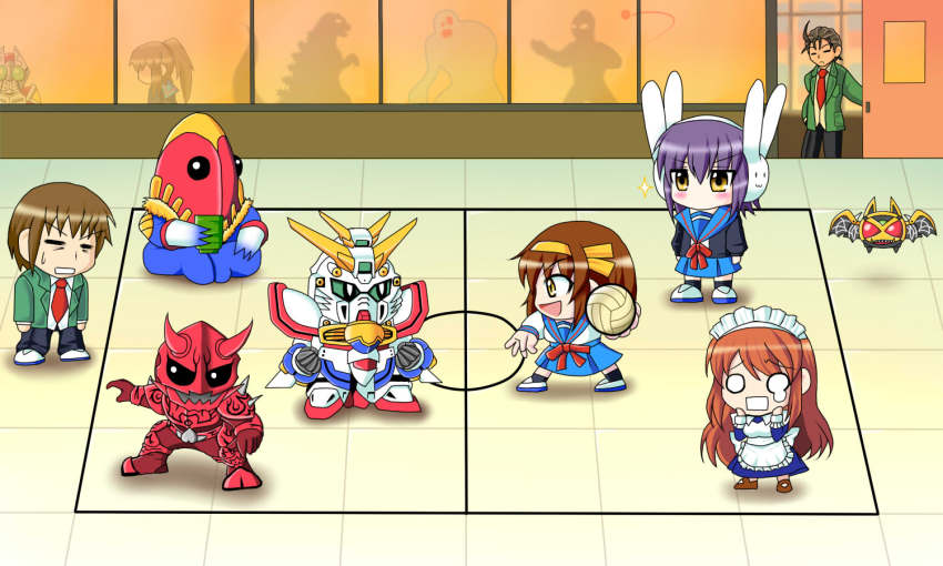 00s, 1990s_(style), 3boys, 4girls, asahina_mikuru, battle_dodgeball, chibi, crossover, dodgeball, dual_persona, g_gundam, genderswap, genderswap_(mtf), god_gundam, godzilla, godzilla_(series), gundam, kamen_rider, kamen_rider_blade_(series), kamen_rider_den-o_(series), kamen_rider_garren, kamen_rider_kiva_(series), kivat-bat_iii, kyon, kyonko, mecha, metron, metron_seijin, momotaros, multiple_boys, multiple_crossover, multiple_girls, nagato_yuki, retro_artstyle, robot, school_uniform, serafuku, sugita_tomokazu, suzumiya_haruhi, suzumiya_haruhi-chan_no_yuuutsu, suzumiya_haruhi_no_yuuutsu, taniguchi_(suzumiya_haruhi), toho, tsuburaya_productions, ultra_series, ultraman, ultraman_(1st_series), ultraseven_(series), voice_actor_connection, yoni_(rice42)