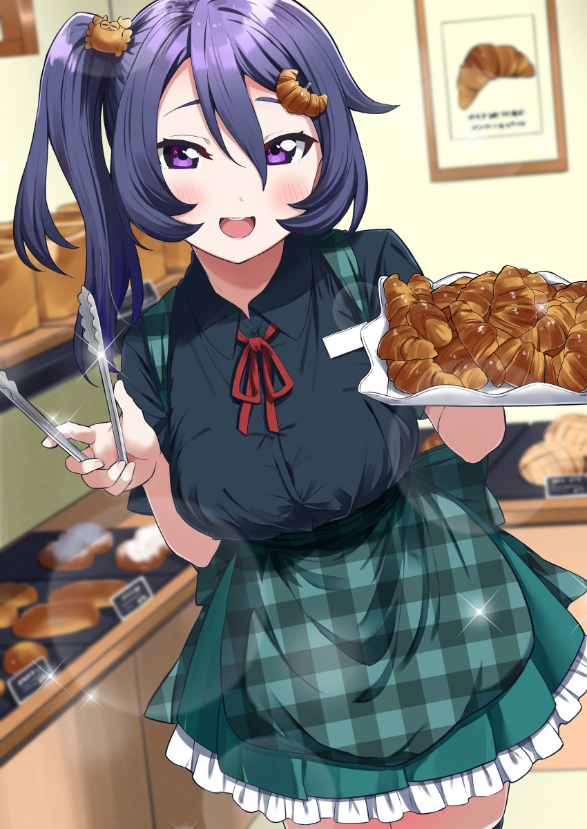 1girl, absurdres, bakery, bread, bread_hair_ornament, breasts, croissant, food