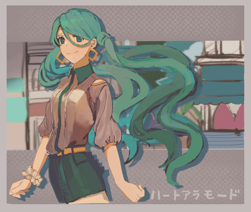 1girl, aqua_eyes, aqua_hair, belt, blue_shorts, brown_shirt, clothing_cutout, cowboy_shot, earrings, grey_background, hatsune_miku, heart_a_la_mode_(vocaloid), highres, jewelry, long_hair, looking_at_viewer, naeta_ta, road, scrunchie, shirt, shorts, shoulder_cutout, smile, solo, song_name, twintails, urban, very_long_hair, vocaloid, wrist_scrunchie