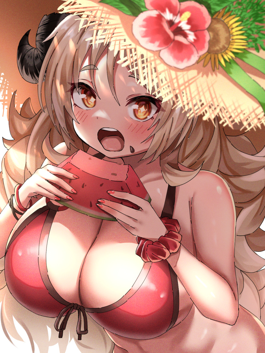 +_+, 1girl, bare_shoulders, bikini, black_ribbon, blue_archive, blush, breasts