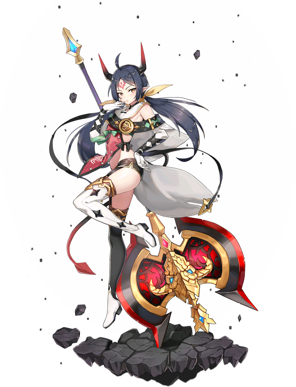 1girl, ahoge, apocalypse_ravi_(epic_seven), artist_request, axe, battle_axe, black_shorts, blue_hair