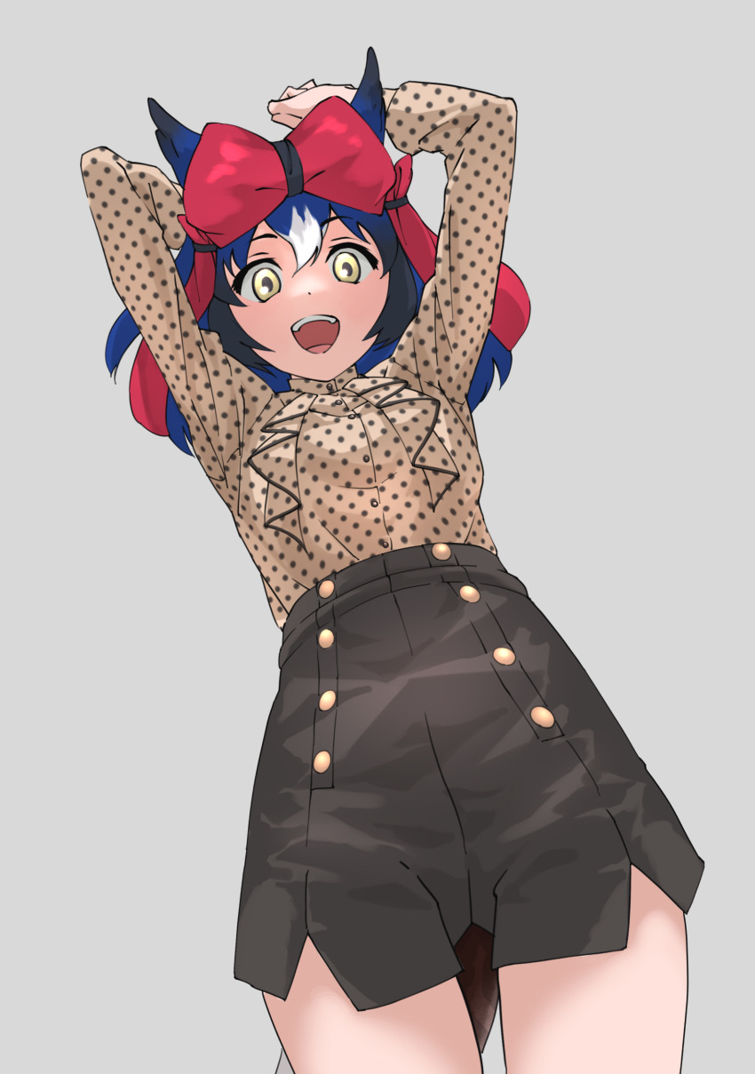 1girl, :d, absurdres, arms_up, black_hair, black_shorts, blue_hair, bow