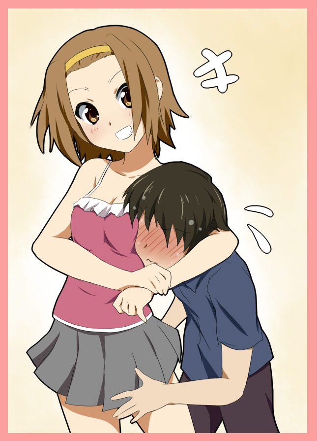 00s, 1boy, 1girl, arm_grab, bad_id, bad_pixiv_id, blush, breast_smother, breasts, brother_and_sister, brown_eyes, brown_hair, camisole, cleavage, face_to_breasts, flying_sweatdrops, grin, hairband, happy, headlock, hetero, ikari_manatsu, k-on!, looking_at_viewer, short_hair, siblings, simple_background, skirt, small_breasts, smile, standing, tainaka_ritsu, tainaka_satoshi, teenage_girl_and_younger_boy