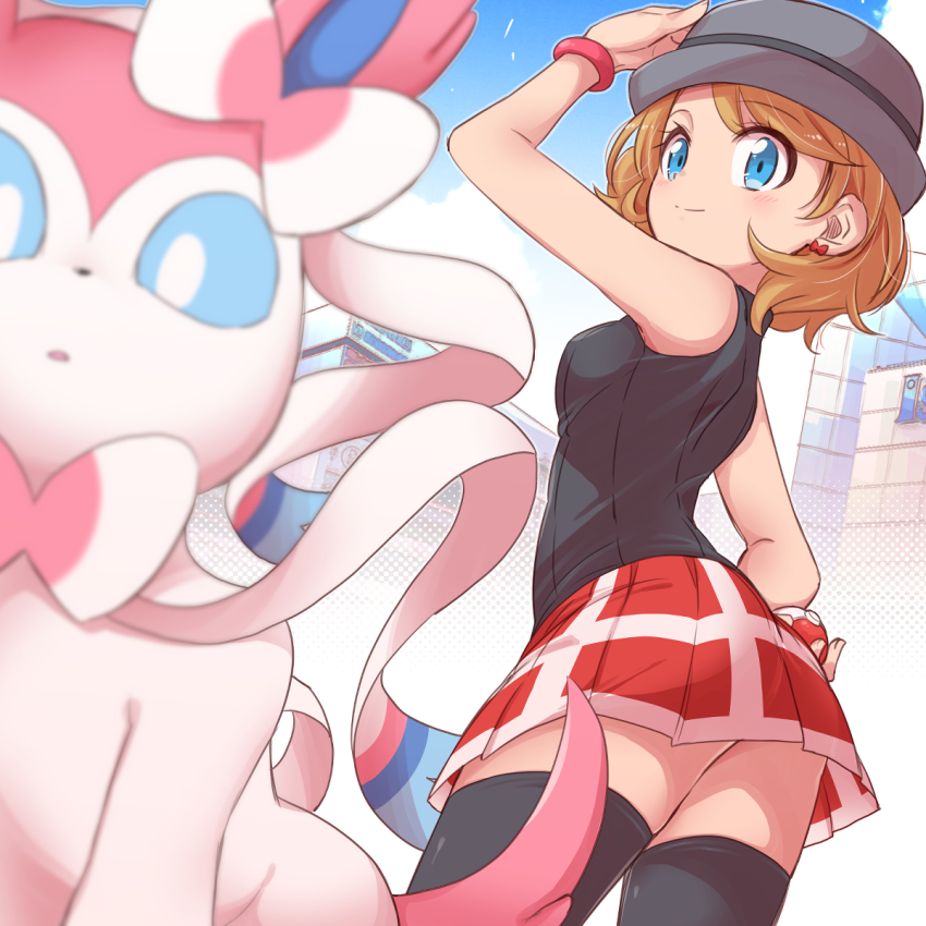1girl, black_thighhighs, blonde_hair, blue_eyes, blurry, bracelet, building, chida_daisuke, closed_mouth, cloud, commentary_request, day, eyelashes, from_below, gen_6_pokemon, grey_headwear, hat, highres, holding, holding_poke_ball, jewelry, medium_hair, nintendo, outdoors, poke_ball, poke_ball_(basic), pokemon, pokemon_(anime), pokemon_(creature), pokemon_journeys, pokemon_swsh105, red_skirt, serena_(pokemon), skirt, sky, smile, split_mouth, sweater_vest, sylveon, thighhighs