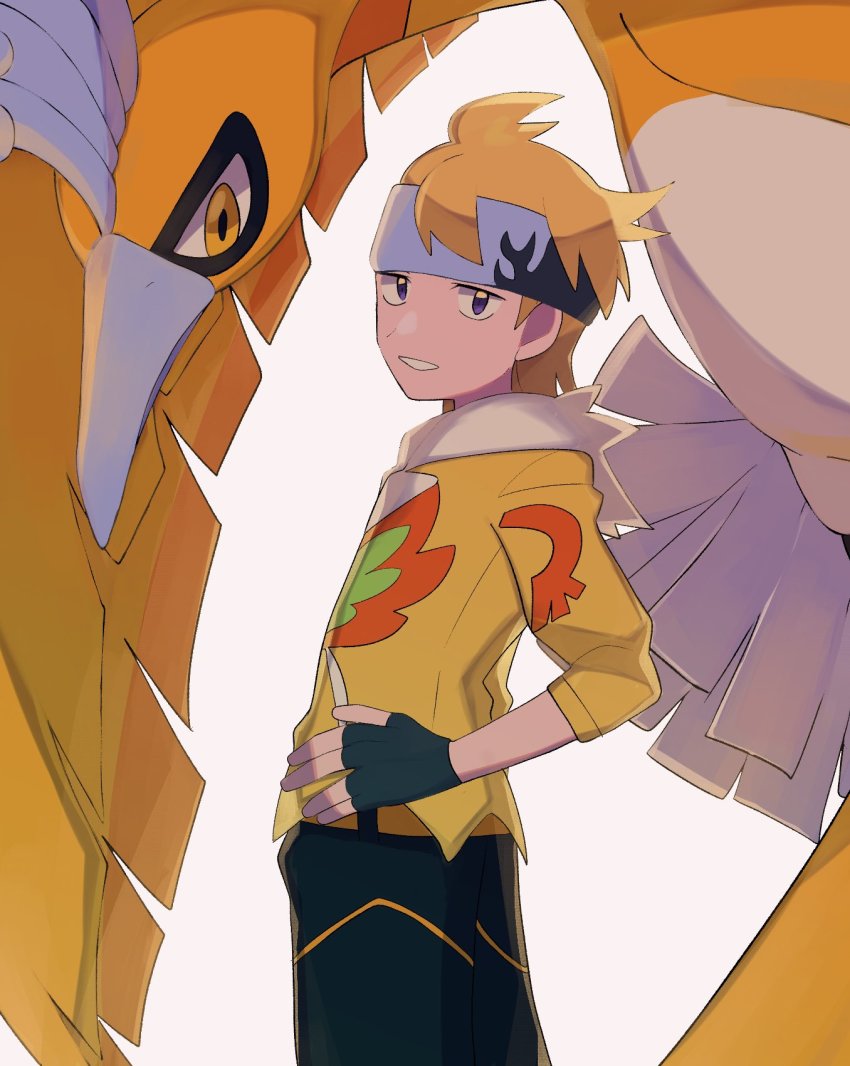 1boy, alternate_color, black_gloves, black_pants, blonde_hair, commentary_request, fingerless_gloves, gen_2_pokemon