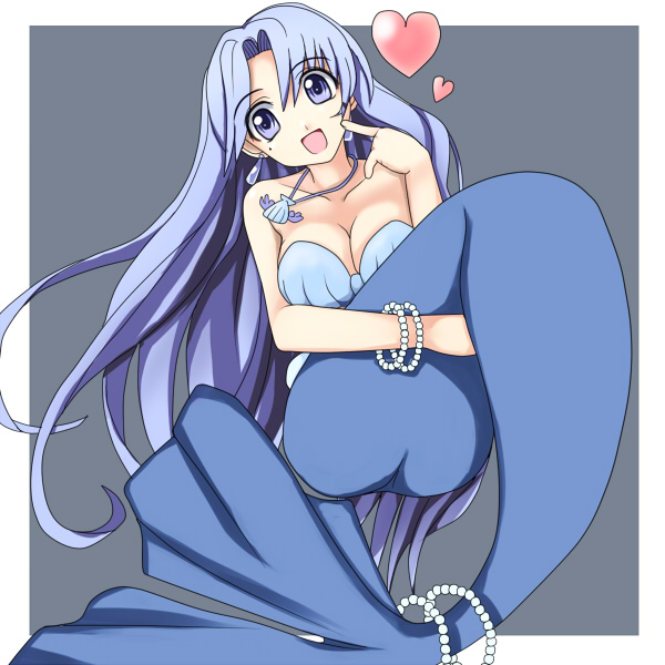 00s, 1girl, :d, ass, bikini, blue_eyes, blue_hair, bracelet, breasts, cleavage, earrings, female_focus, gem, grey_background, head_tilt, heart, jewelry, knees_to_chest, large_breasts, long_hair, looking_at_viewer, matching_hair/eyes, mermaid, mermaid_melody_pichi_pichi_pitch, miru, mole, mole_under_eye, monster_girl, necklace, noel_(mermaid_melody_pichi_pichi_pitch), open_mouth, pearl_(gemstone), pendant, seashell, shell, shell_bikini, simple_background, smile, solo